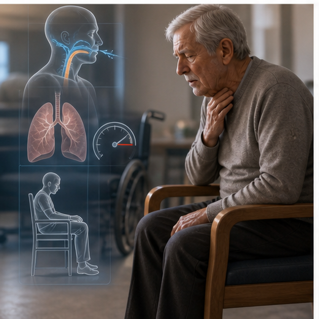 cinematic 3D medical visualization of frailty weak cough low lung reserve and chair geometry compressing the rescue window
