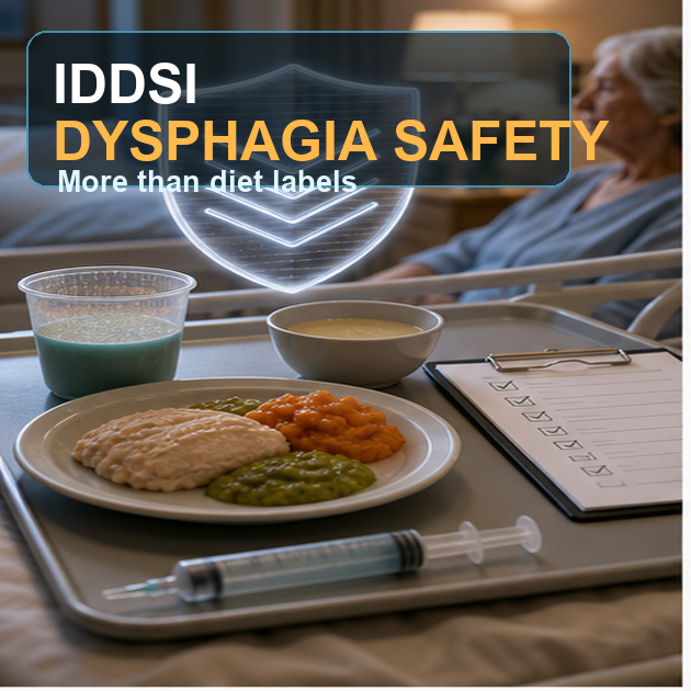 cinematic 3D IDDSI dysphagia safety cover showing bedside tray verification thickened drink and texture-modified food