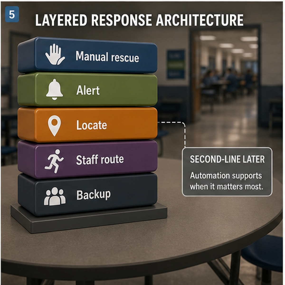 cinematic 3D layered response architecture showing manual rescue alert locate staff route and backup second-line later