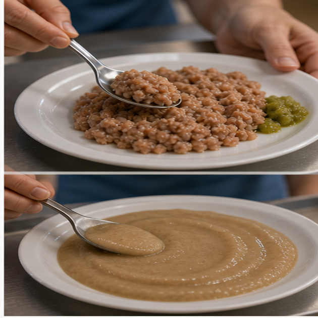 cinematic 3D Level 5 minced and moist and Level 4 puree bedside texture check
