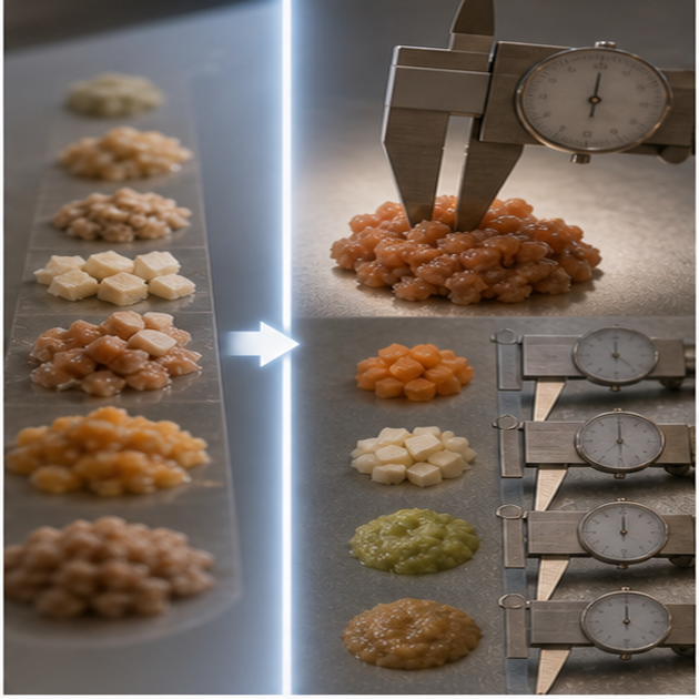 cinematic 3D food texture measurement scene showing IDDSI turning vague soft food into measurable boundaries