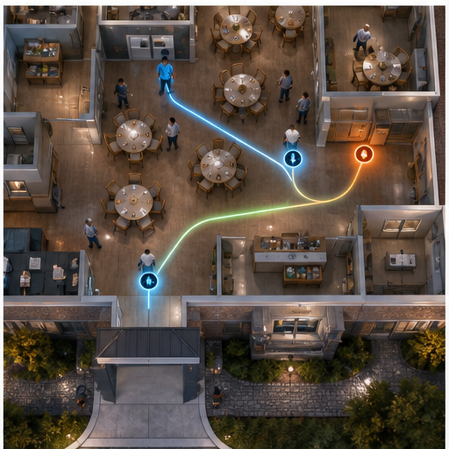 cinematic 3D elder-care dining room floor plan showing rescue route timing staff roles and readiness station placement