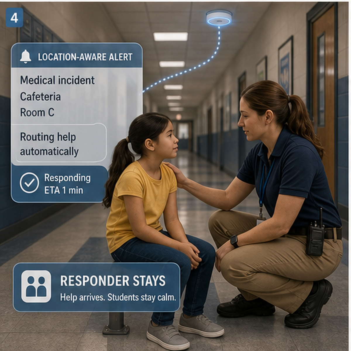 cinematic 3D school hallway response scene where the responder stays with the student while location-aware help routes automatically
