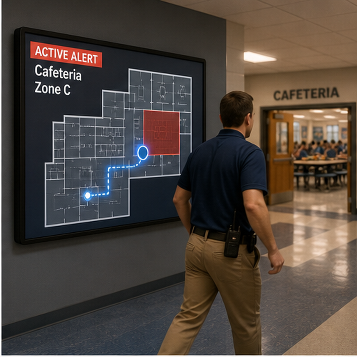 cinematic 3D school alert dashboard showing cafeteria zone location routing and active alert path
