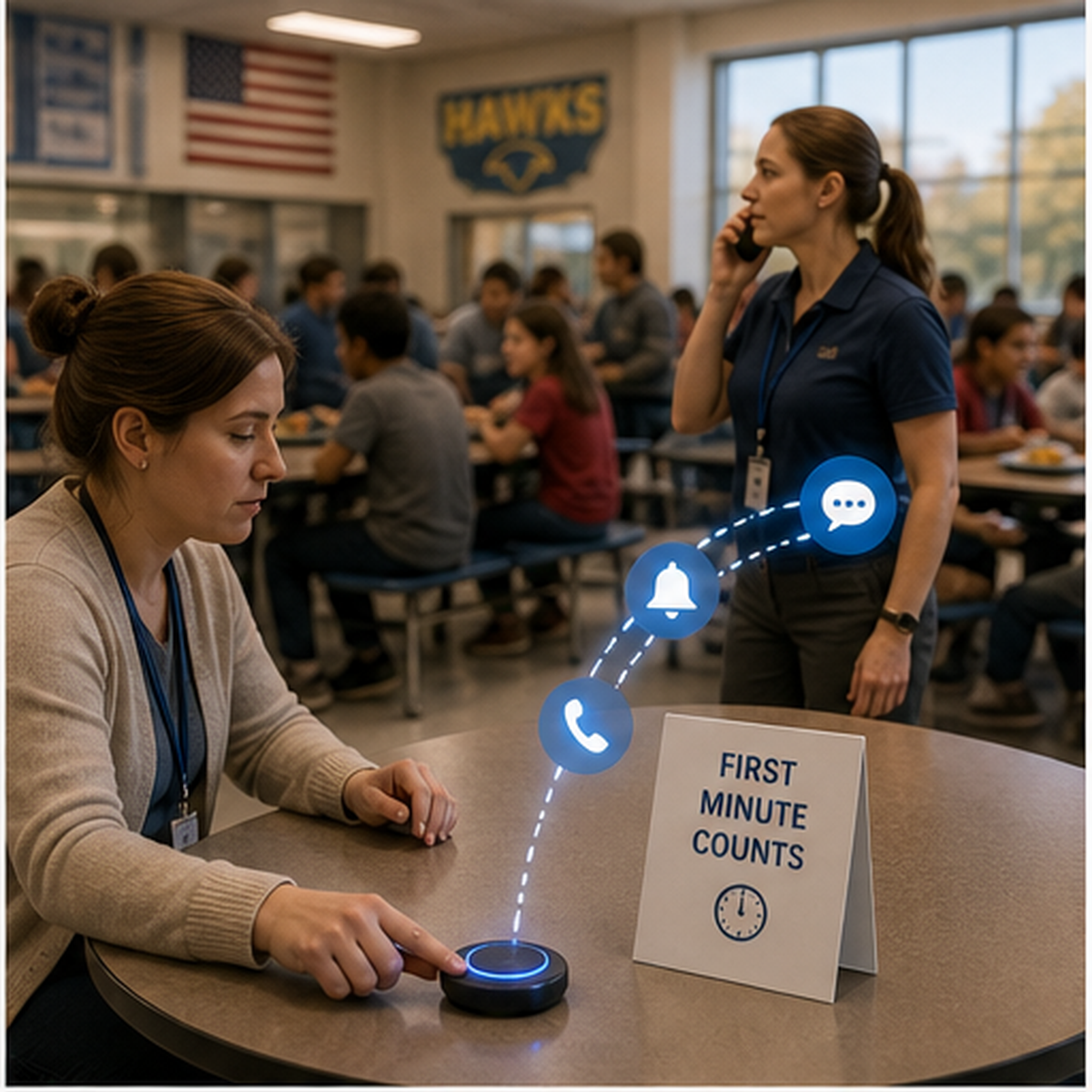 cinematic 3D school cafeteria silent alert scene showing a responder staying near the student while the first minute counts
