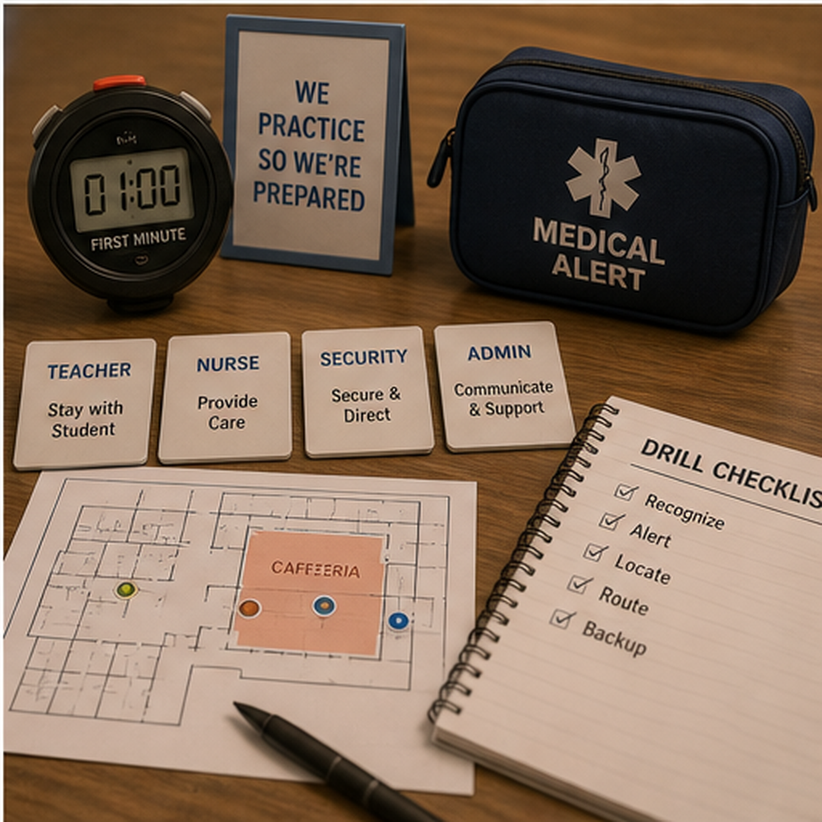 cinematic 3D school medical alert drill table with stopwatch role cards campus map and medical alert kit