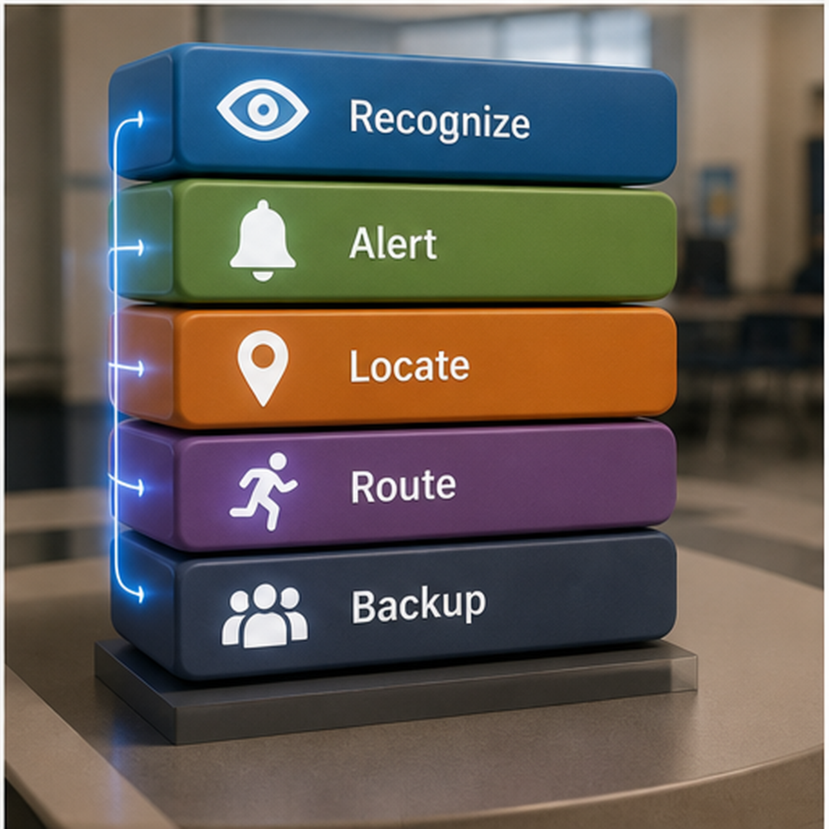 cinematic 3D response architecture blocks labeled recognize alert locate route and backup for school airway safety