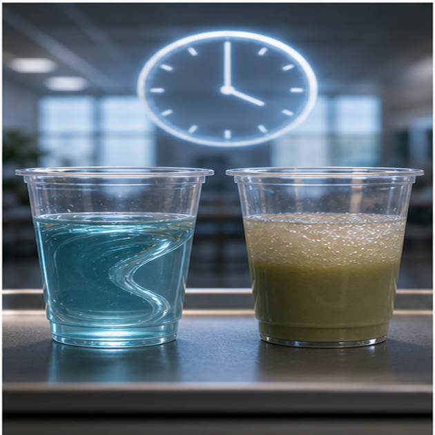 cinematic 3D thickened liquid stability drift over time with two cups and clock motif