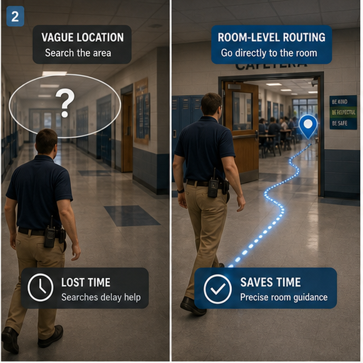cinematic 3D split scene comparing vague location search with room-level routing in a school hallway