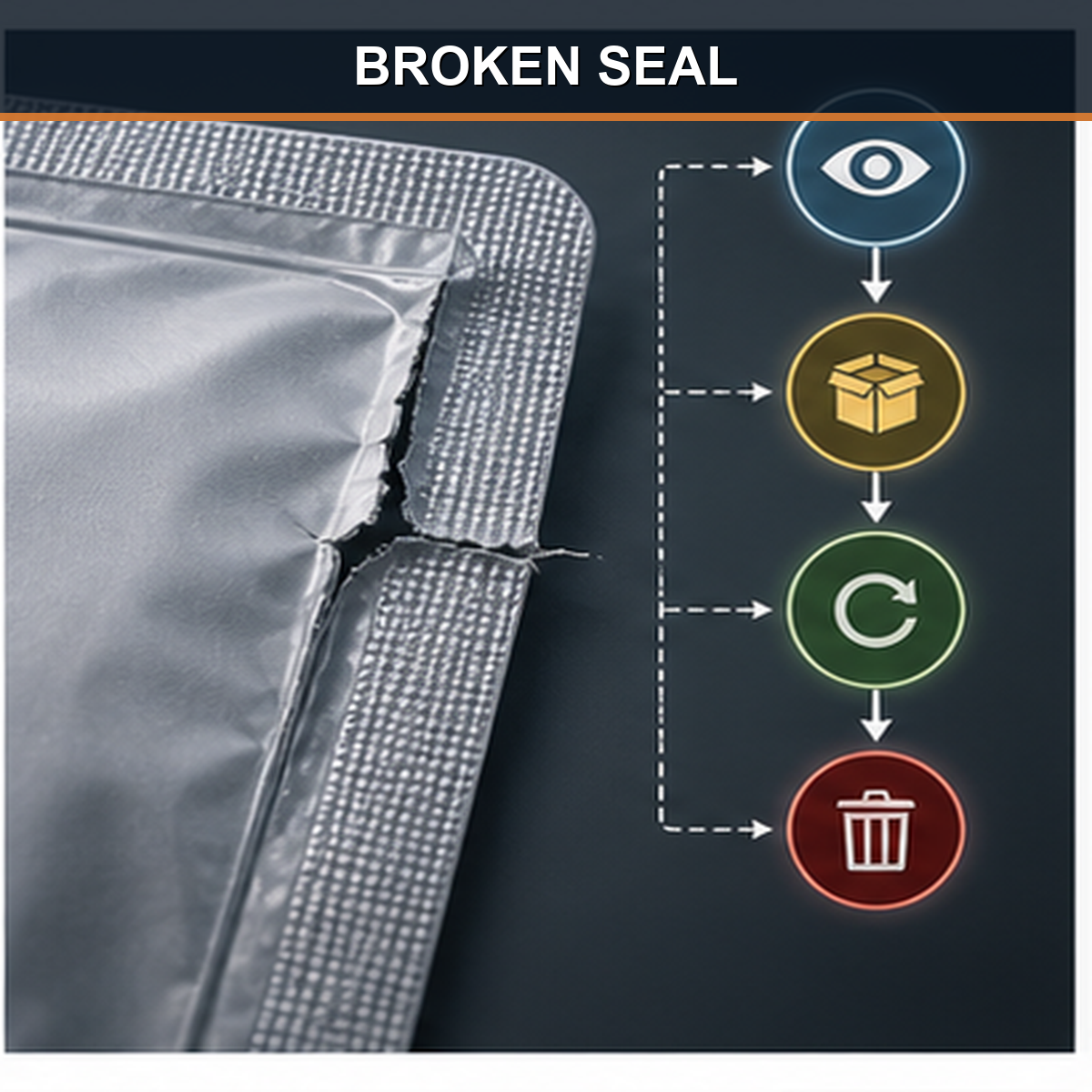 cinematic 3D broken seal inspection flow showing barrier uncertainty inspection restage replace and remove decisions
