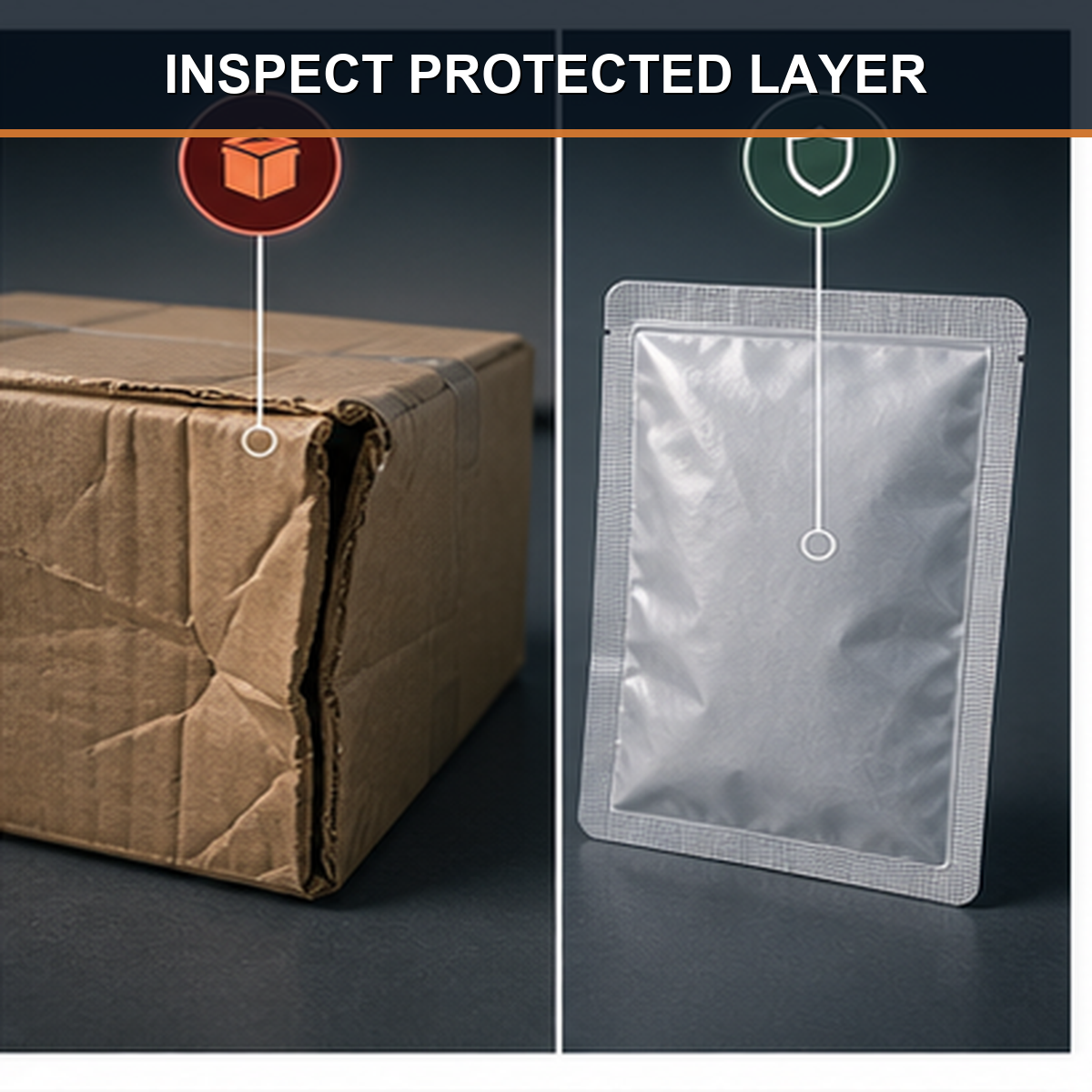 cinematic 3D split view of crushed outer box and inner sealed pouch inspection with callouts for protected layer condition