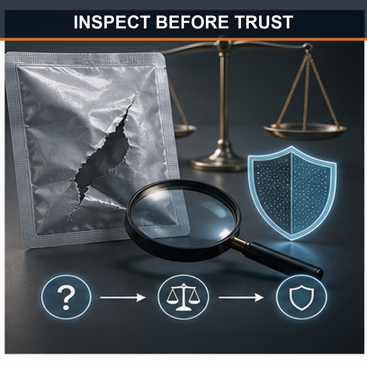 cinematic 3D inspection table showing damaged emergency medical packaging changing the readiness decision from ownership to trust