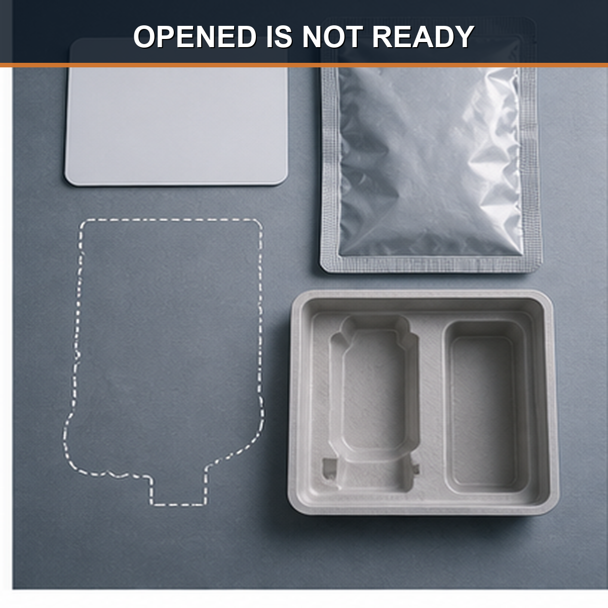cinematic 3D opened medical pouch with loose components separated instructions and missing part risk on an inspection table