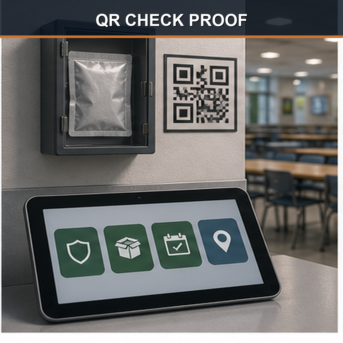 cinematic 3D school cafeteria emergency kit station with QR inspection proof status board and sealed packaging check