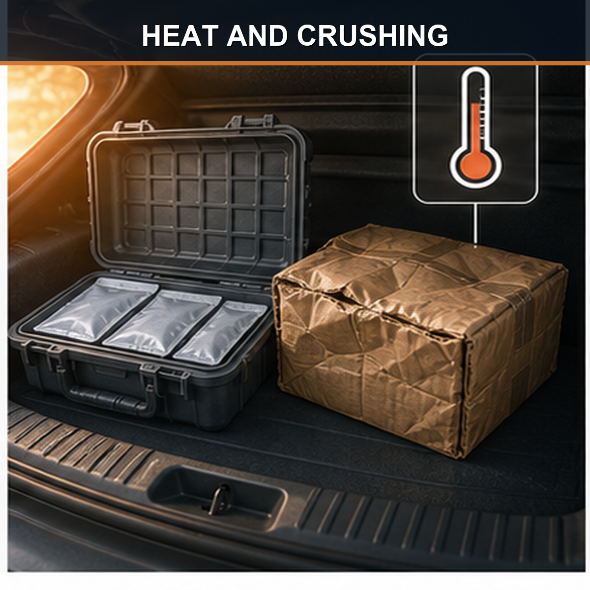 cinematic 3D vehicle emergency kit packaging heat and crushing inspection scene with hot trunk storage and damaged packaging risk