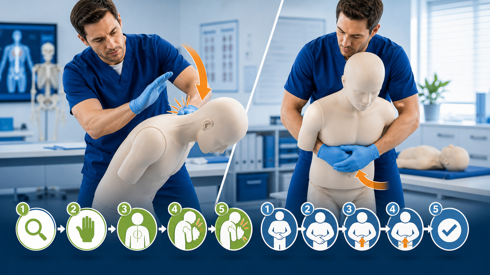 cinematic 3D first aid training scene showing 5 back blows and 5 abdominal thrusts for adults and children over 1