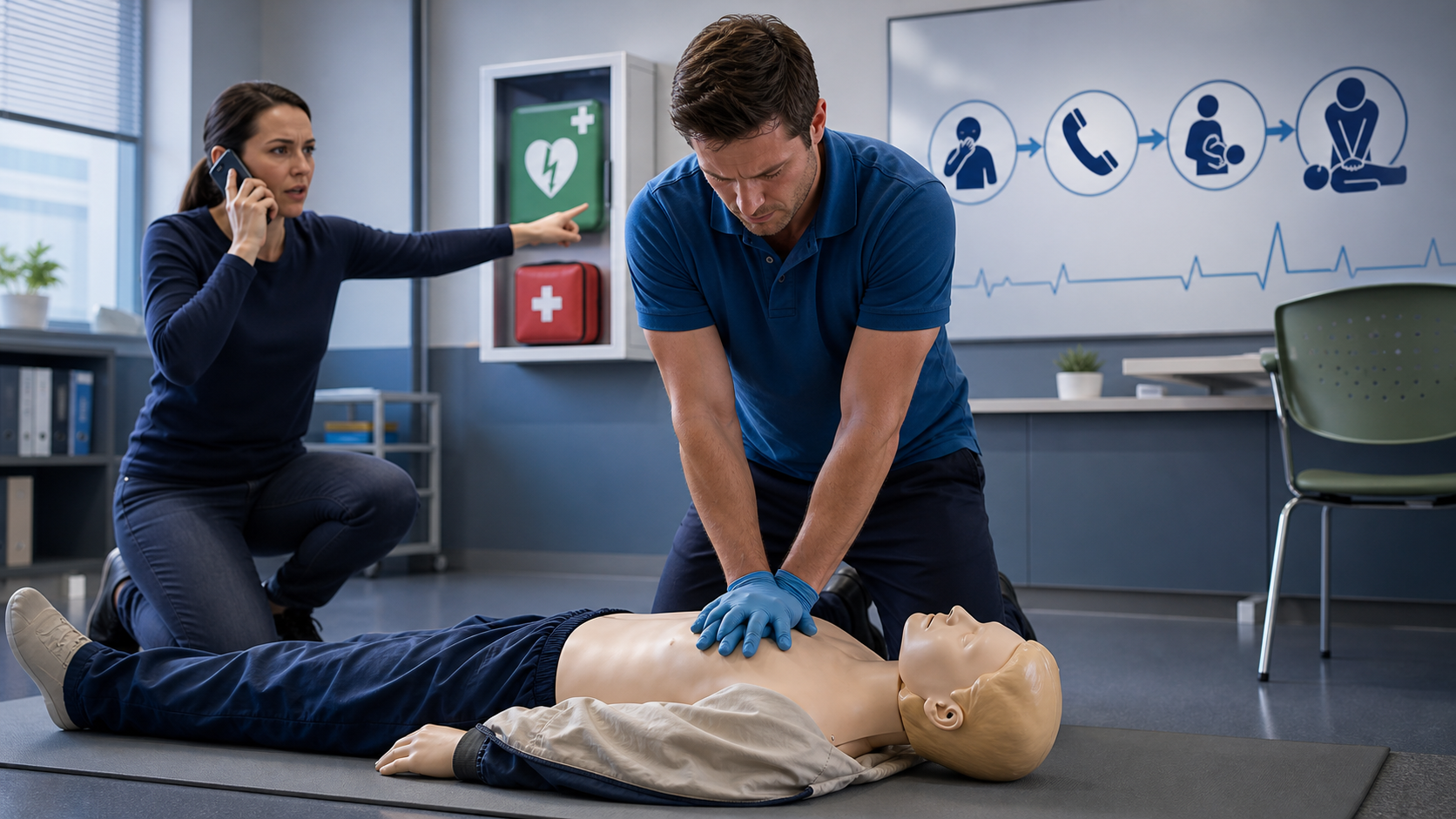 cinematic 3D CPR escalation training scene for a choking person who becomes unresponsive while emergency services are called