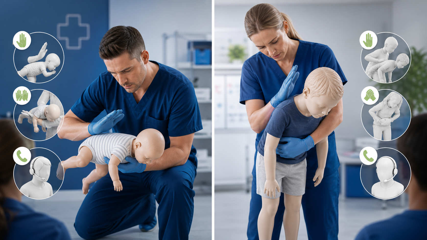 cinematic 3D pediatric first aid training scene comparing infant back blows and chest thrusts with child choking response