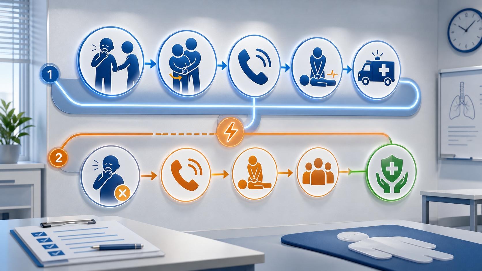 cinematic 3D medical workflow showing manual choking rescue first, emergency services, CPR, and backup second-line readiness