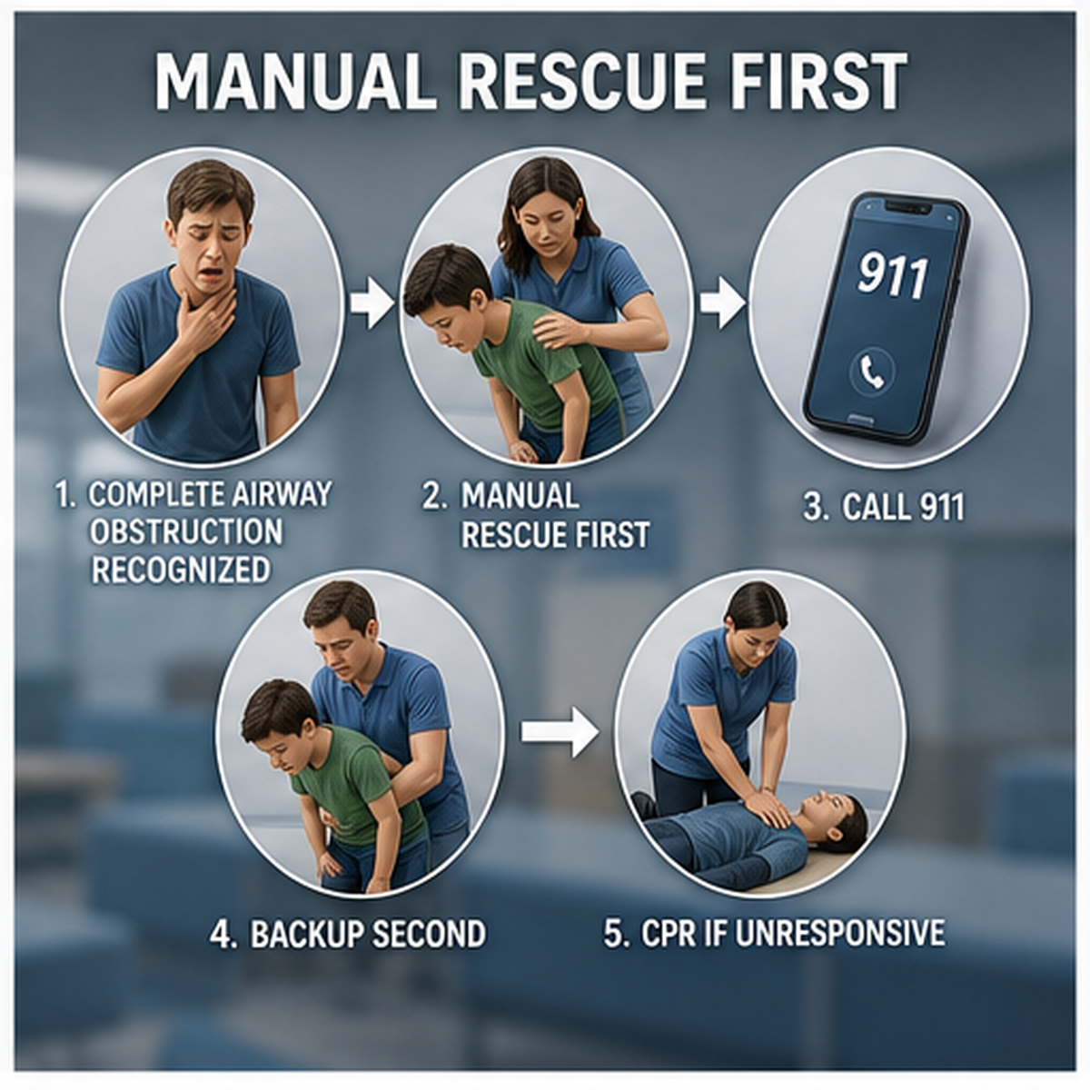 cinematic 3D school choking response sequence showing recognition 911 back blows abdominal thrusts QXN backup and CPR EMS handoff