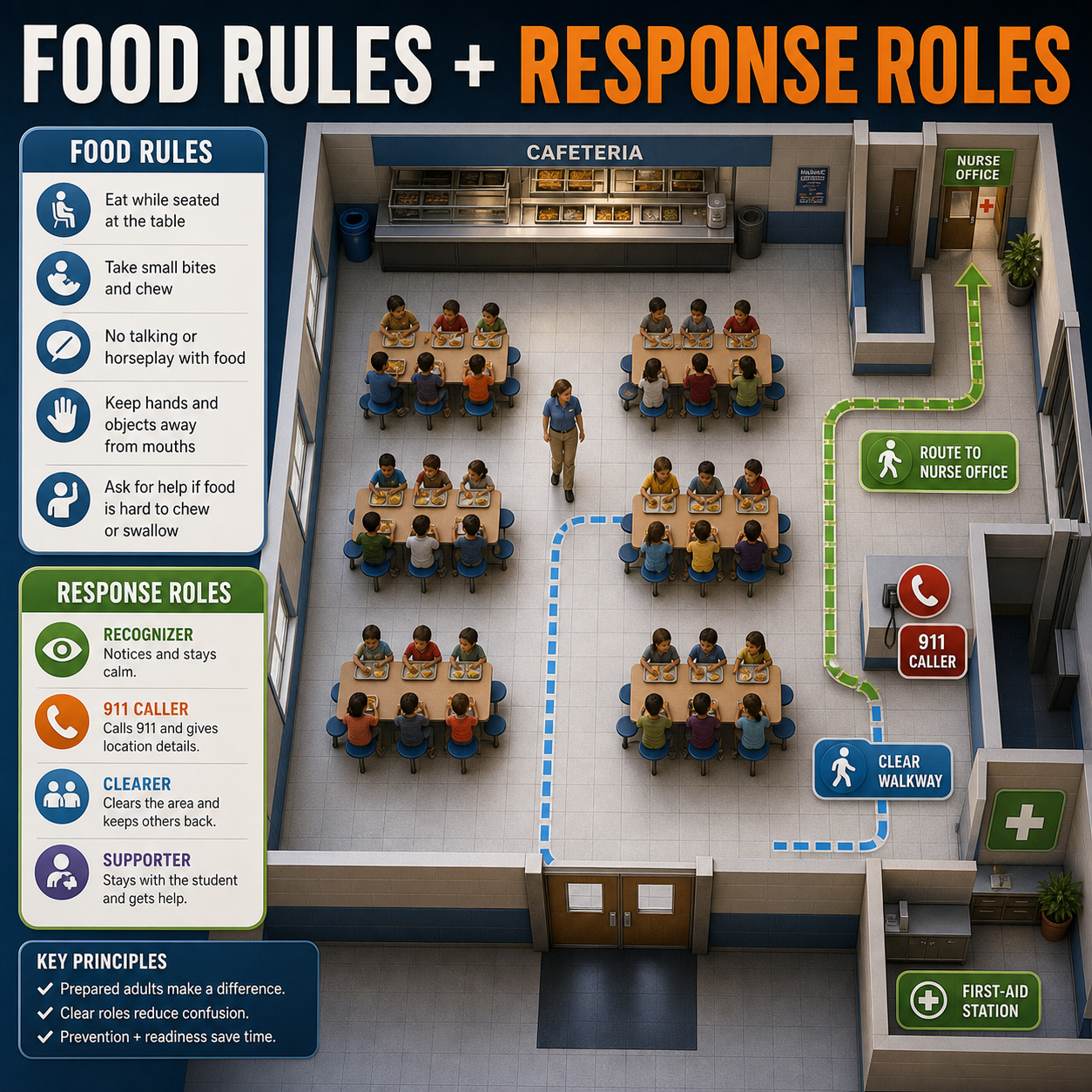 cinematic 3D school cafeteria first minute choking response roles with rescuer 911 caller nurse runner EMS guide and crowd manager