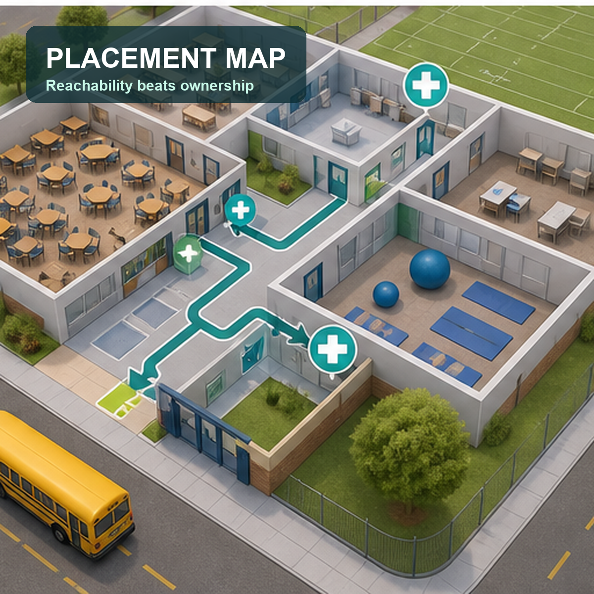 cinematic 3D special education school meal response radius map showing classroom cafeteria route phone path and trained staff coverage