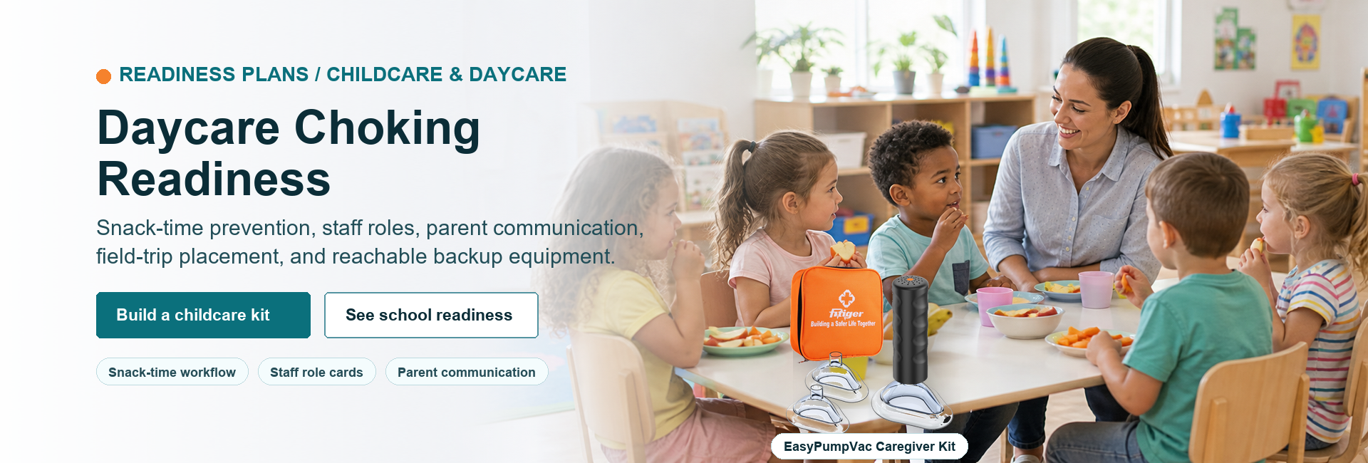 Fitiger daycare choking readiness banner with childcare classroom scene