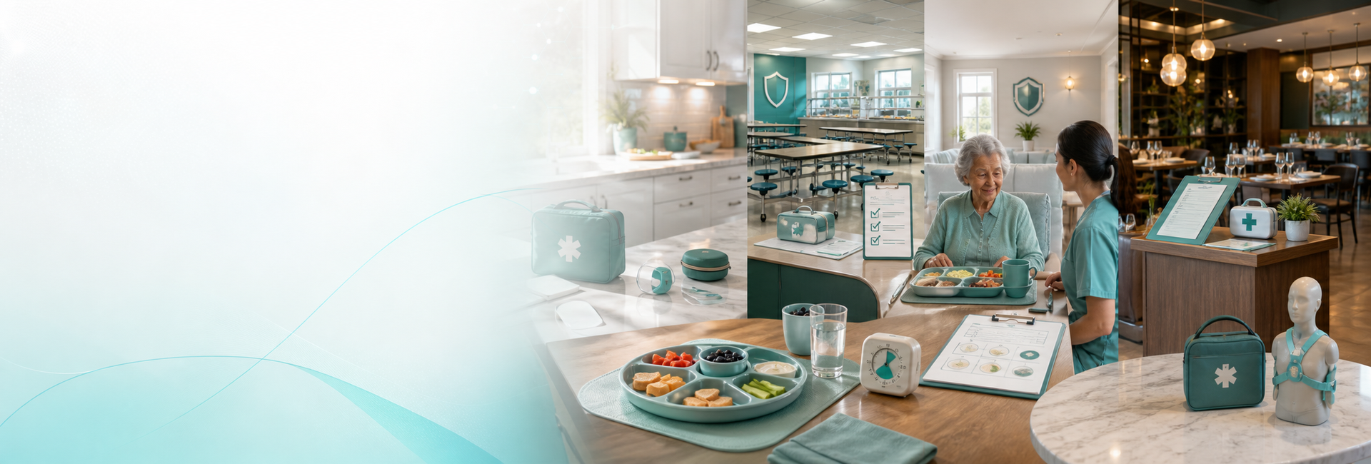 Cinematic 3D choking readiness banner showing home, school, care, and foodservice safety planning scenes