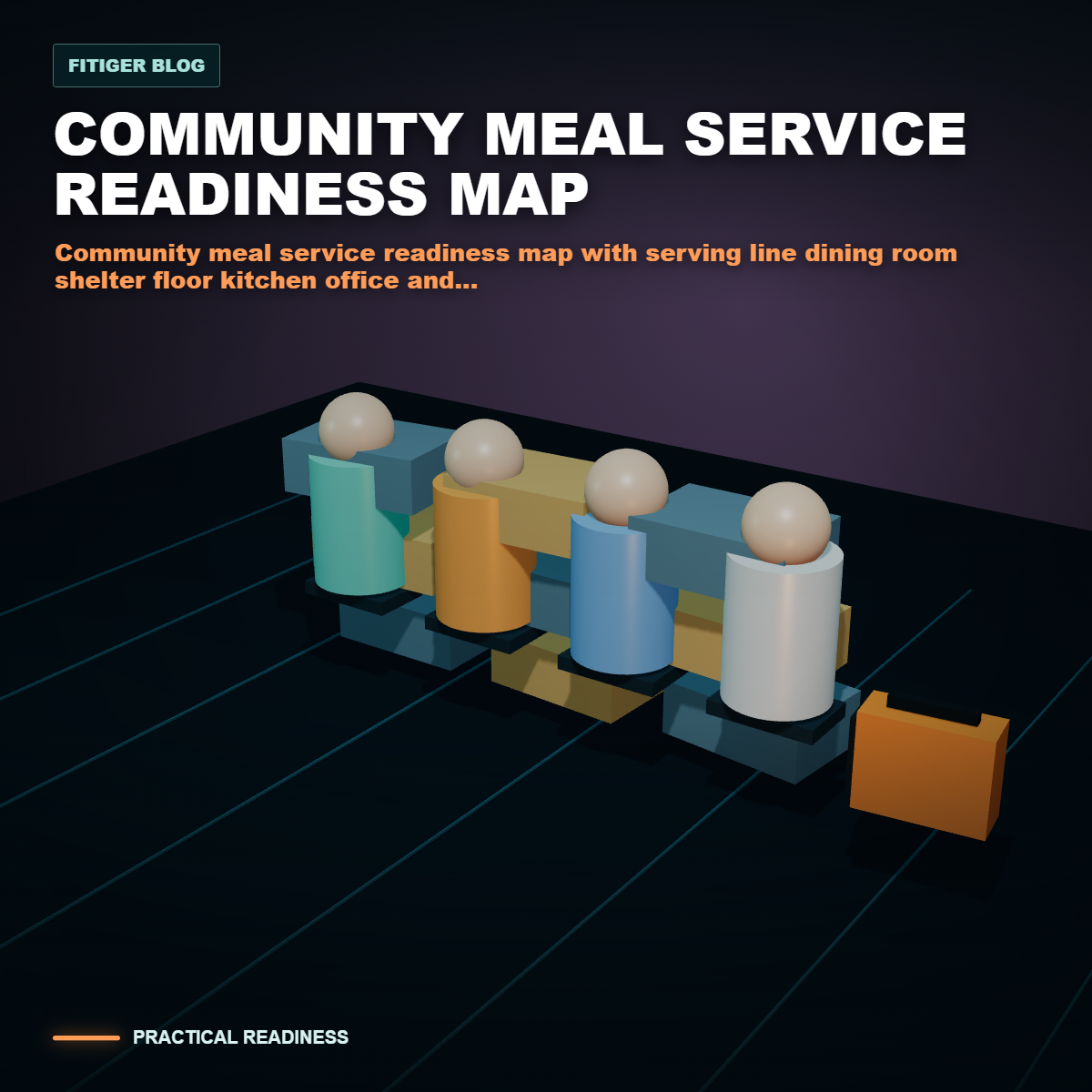 cinematic 3D community meal service readiness map with serving line dining room shelter floor kitchen office and equipment route markers