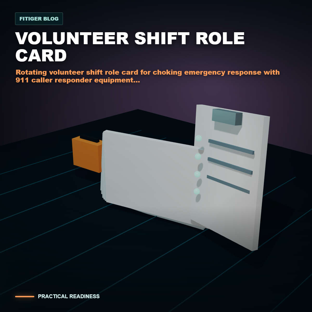 cinematic 3D rotating volunteer shift role card for choking emergency response with 911 caller responder equipment retriever and incident recorder