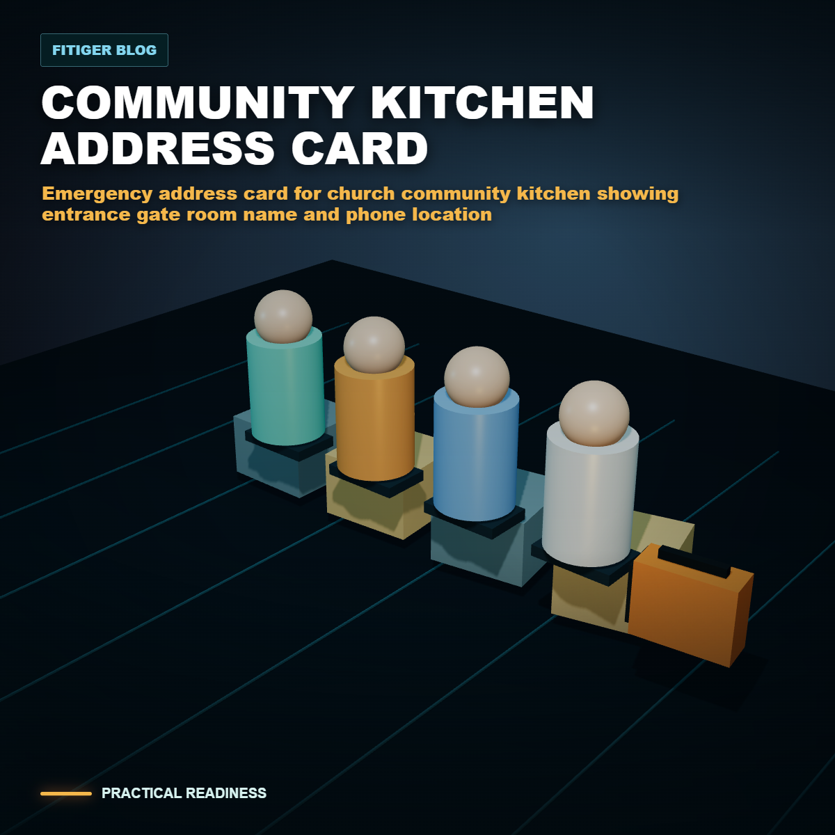 cinematic 3D emergency address card for church community kitchen showing entrance gate room name and phone location