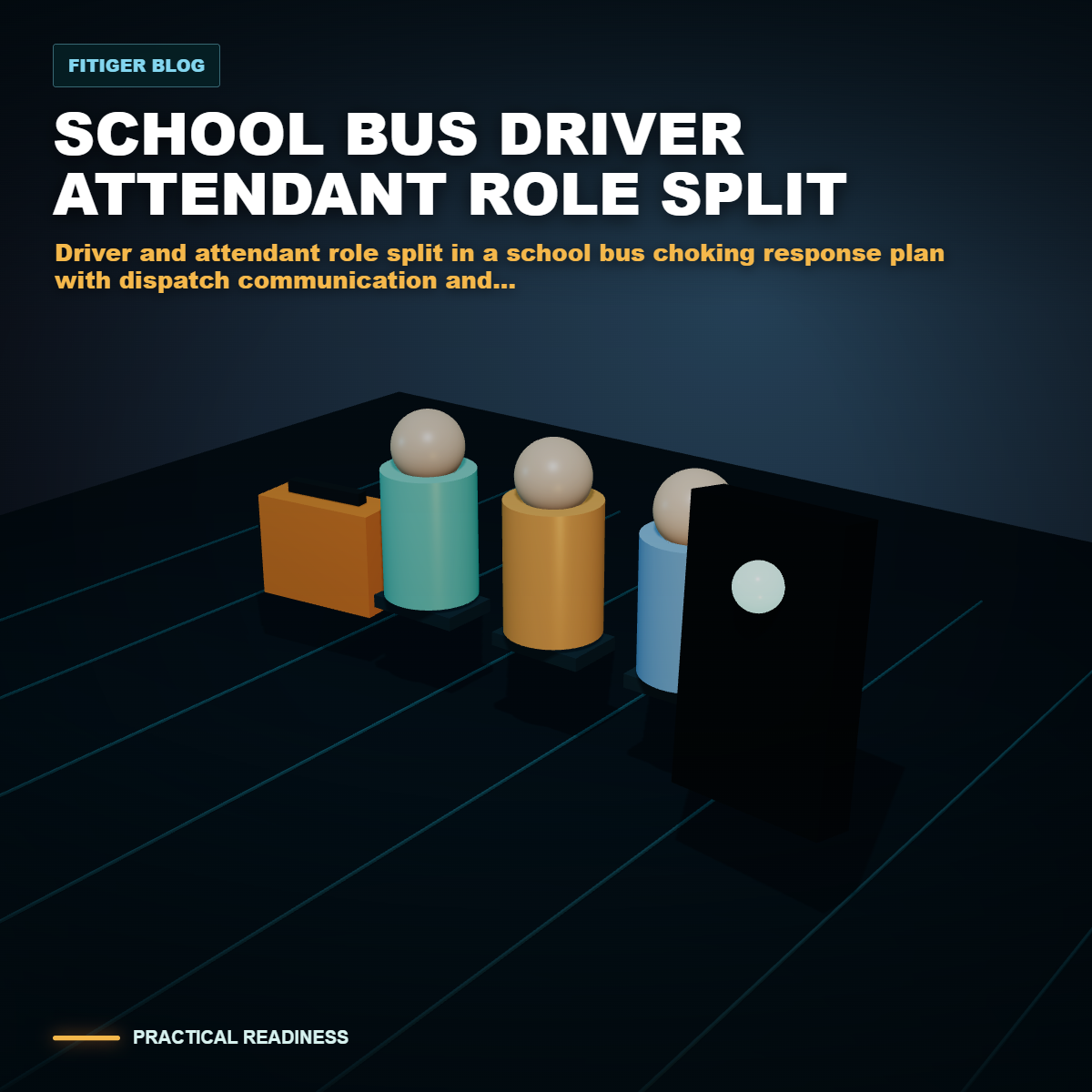 cinematic 3D driver and attendant role split in a school bus choking response plan with dispatch communication and passenger supervision