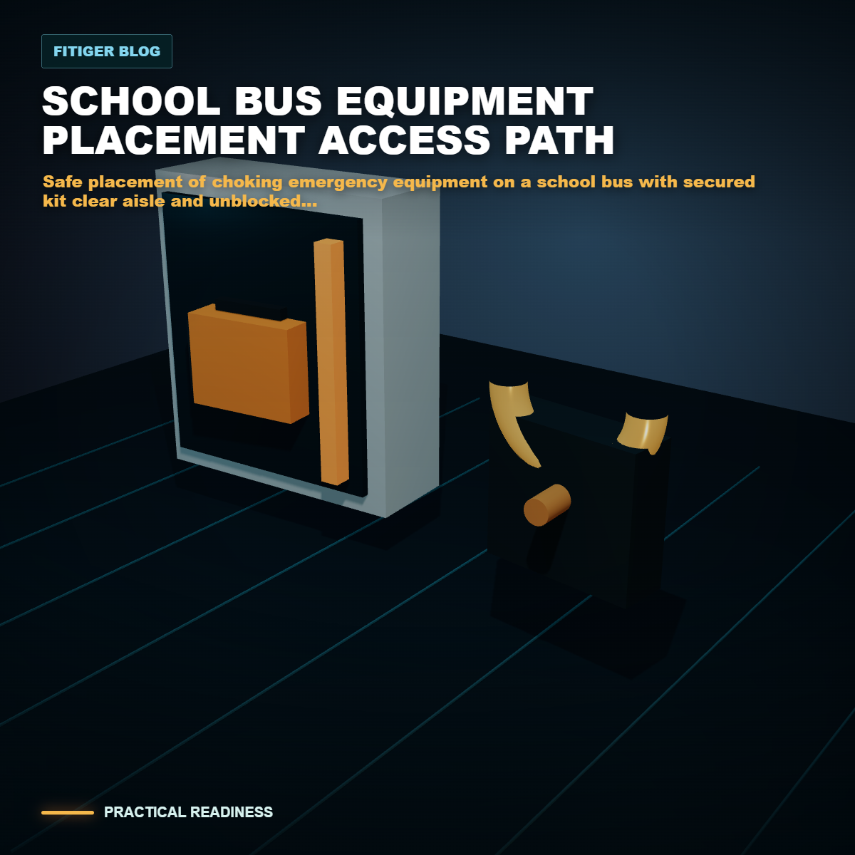 cinematic 3D safe placement of choking emergency equipment on a school bus with secured kit clear aisle and unblocked exits