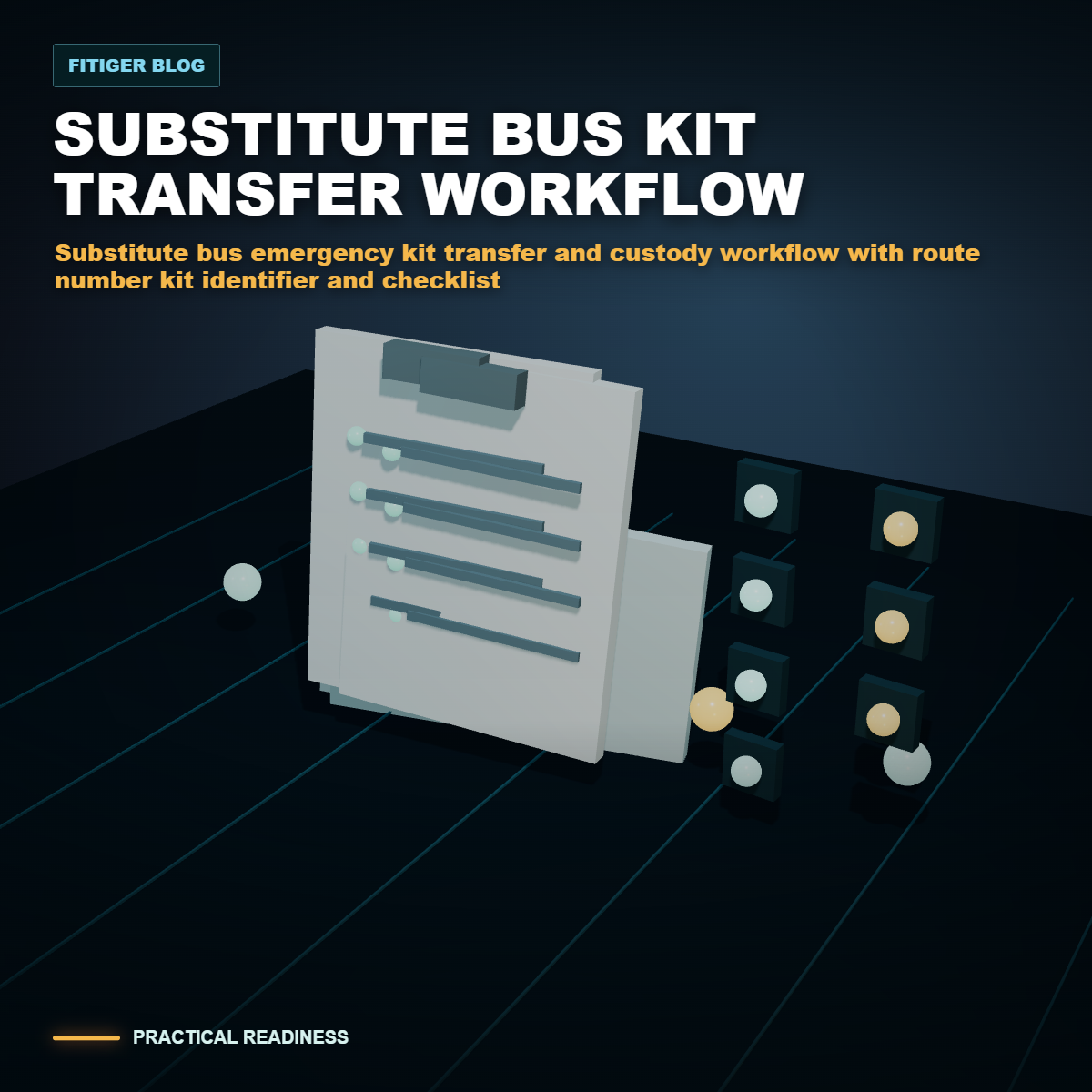 cinematic 3D substitute bus emergency kit transfer and custody workflow with route number kit identifier and checklist