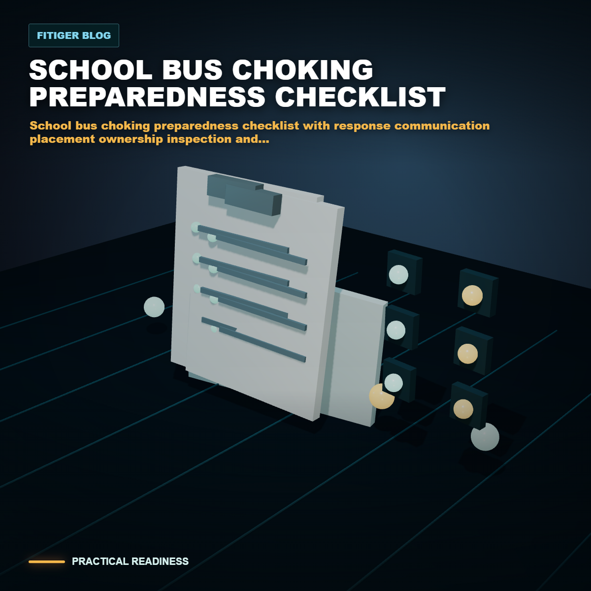 cinematic 3D school bus choking preparedness checklist with response communication placement ownership inspection and transfer fields