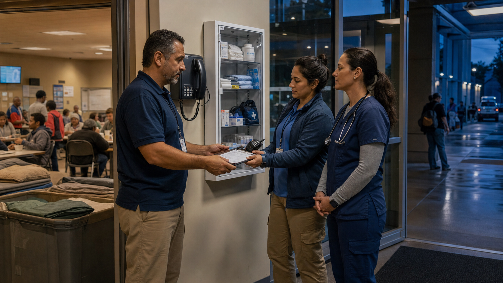 Daytime and overnight shelter supervisors handing off 911 access, staffing, equipment status, inspection, and occupied dining-floor information
