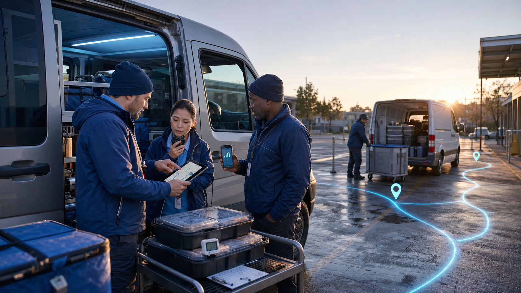 Mobile meal team checking route location, communication, temperature exposure, equipment custody, storage, and substitute-vehicle transfer