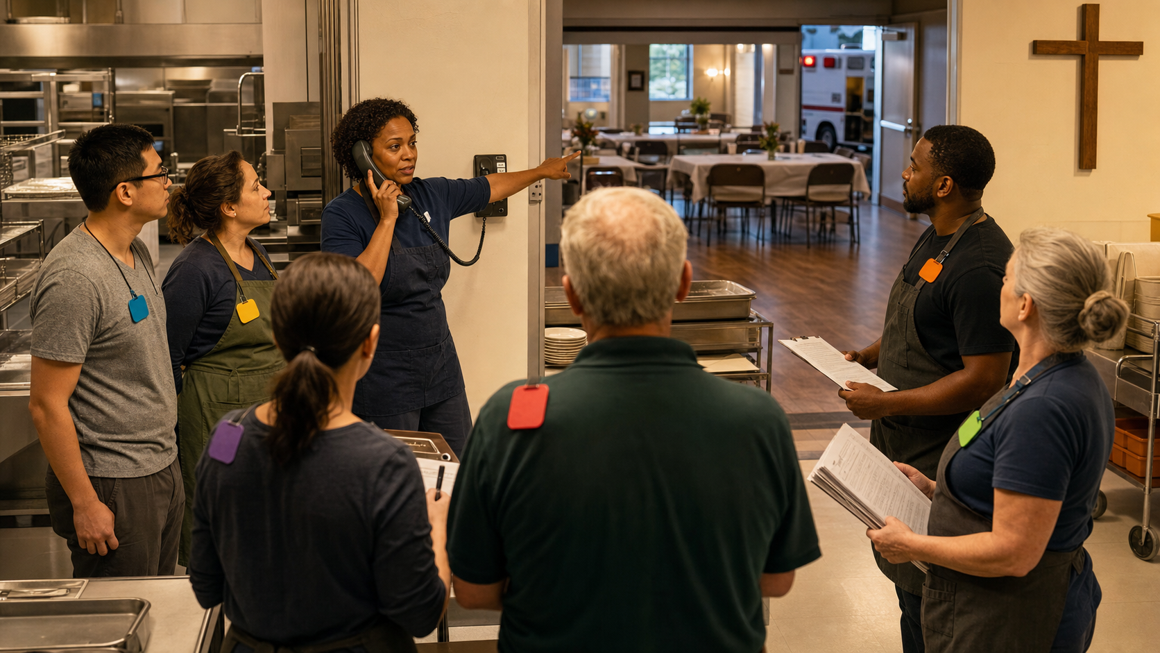 Faith-based meal program briefing rotating volunteers on recognition, first-line response, 911, room control, EMS access, and documentation