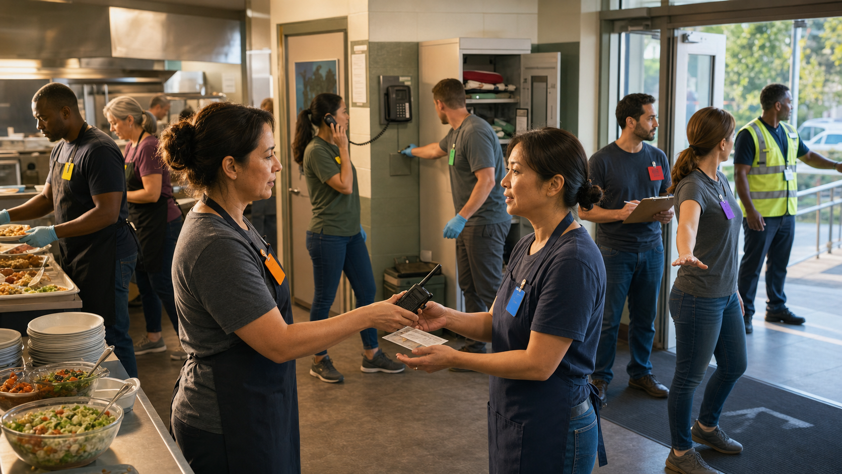 Outgoing and incoming volunteer leaders confirming response roles and equipment status during a community meal shift handoff