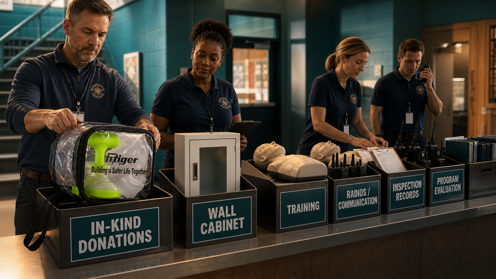 Real FITIGER FoldPumpVac package in an in-kind donation plan paired with grant-funded training, cabinets, communication, inspection, and evaluation