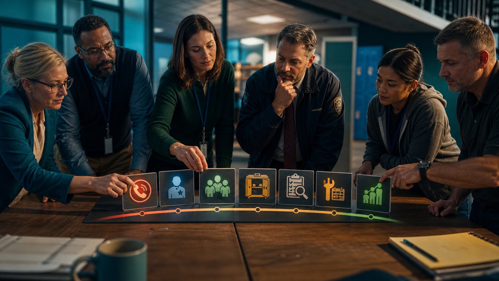 School safety team ranking 911 access, trained staff, response roles, equipment access, inspection, replacement, and expansion by operational risk