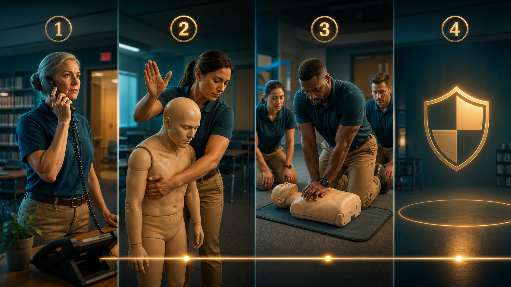 School choking-readiness sequence separating 911 activation, first-line rescue, CPR readiness, and second-line backup planning