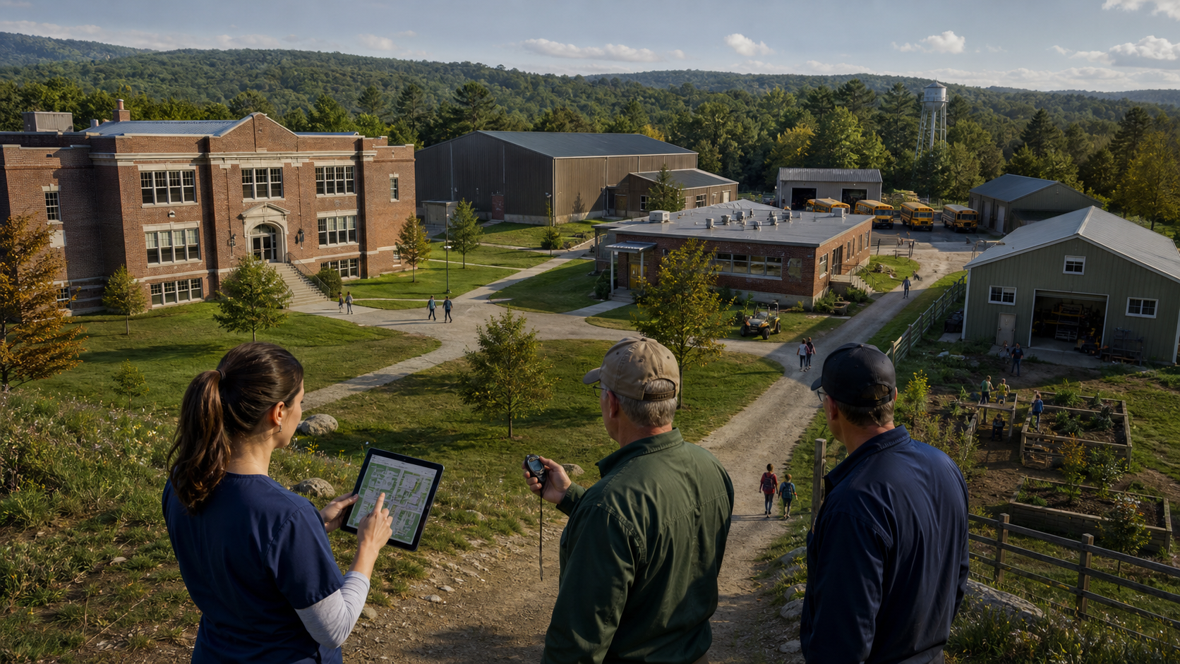 Rural school staff measuring emergency access between the main building, detached cafeteria, gym, workshop, and bus garage