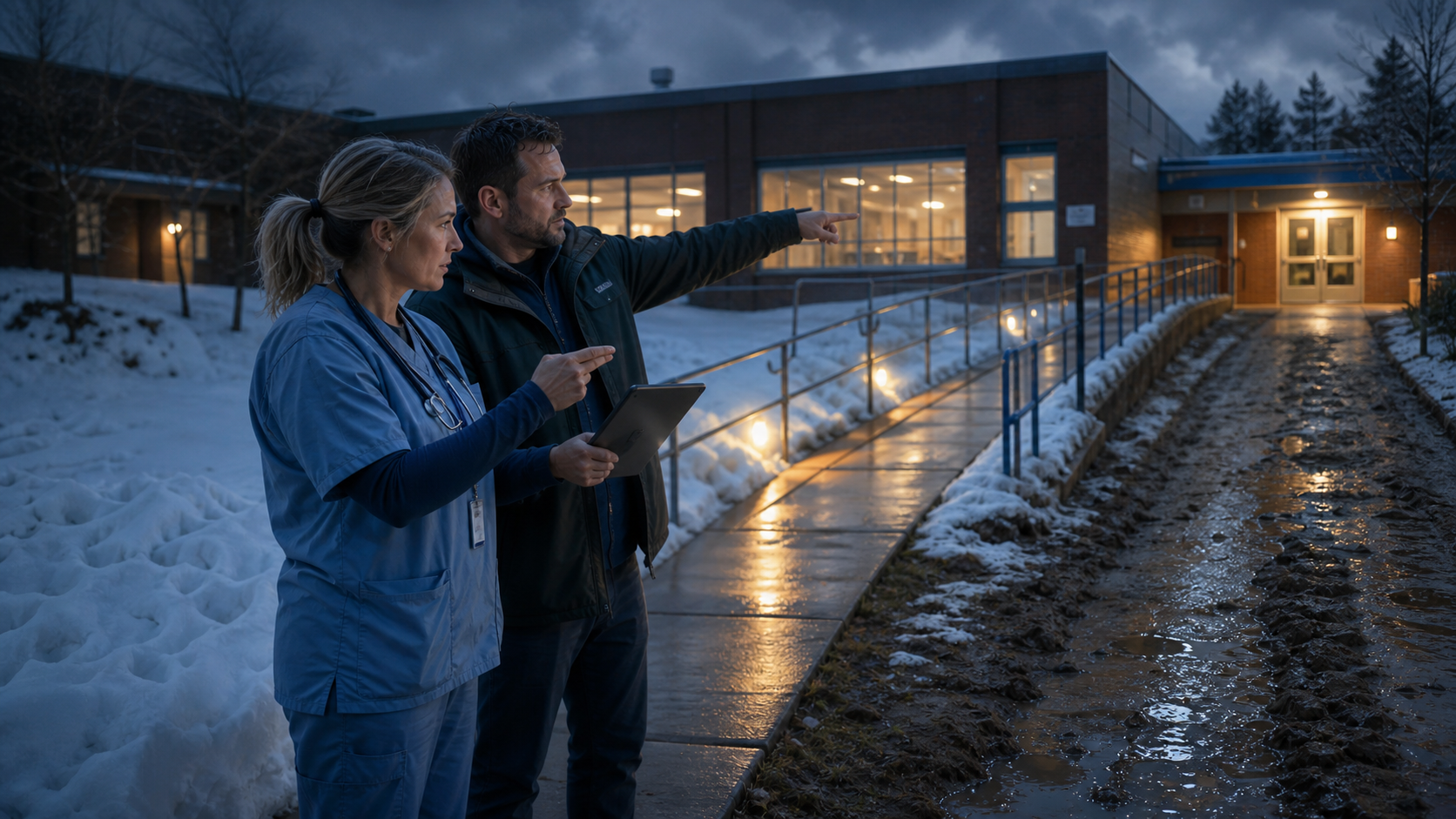 Rural school team reviewing snow, rain, mud, lighting, and alternate emergency access routes between buildings
