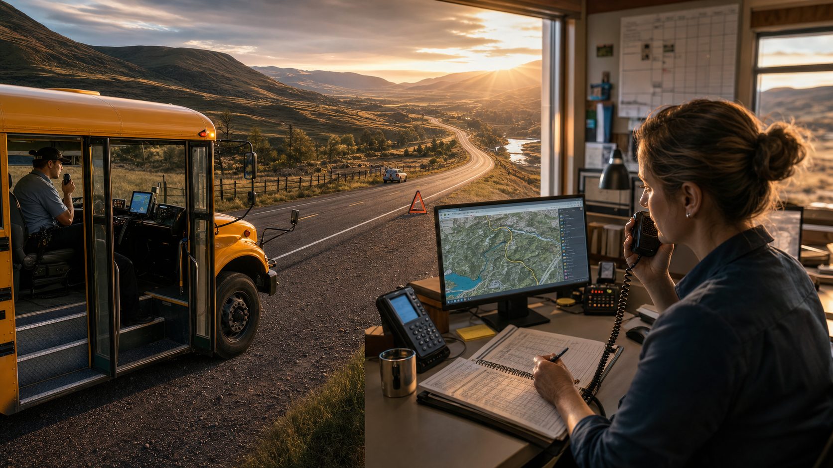 Rural school bus driver and dispatcher coordinating a precise route location, safe stop, and substitute-bus custody record