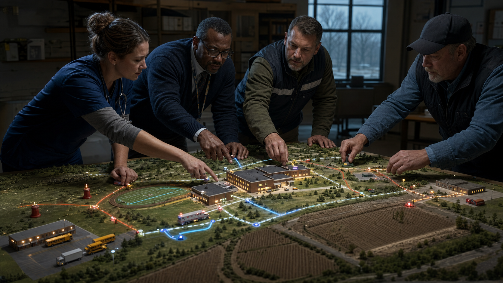 Rural school readiness map connecting buildings, fields, gates, radio dead zones, EMS entrances, and winter access routes