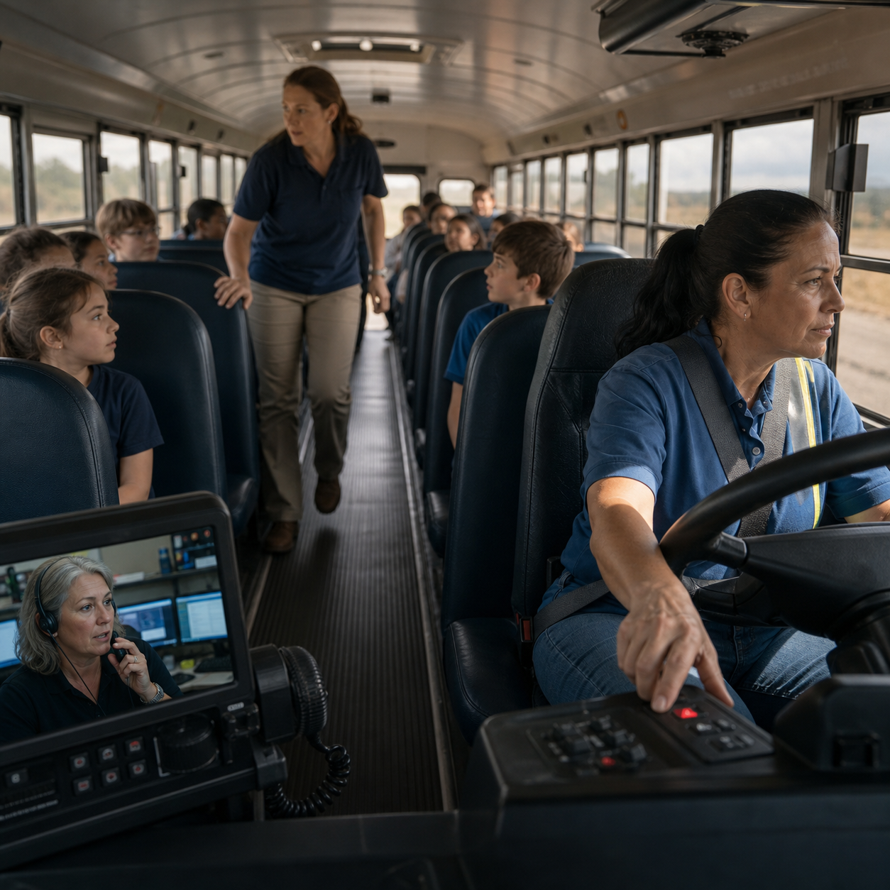 School bus driver, attendant, and dispatcher coordinating distinct roles during a choking emergency