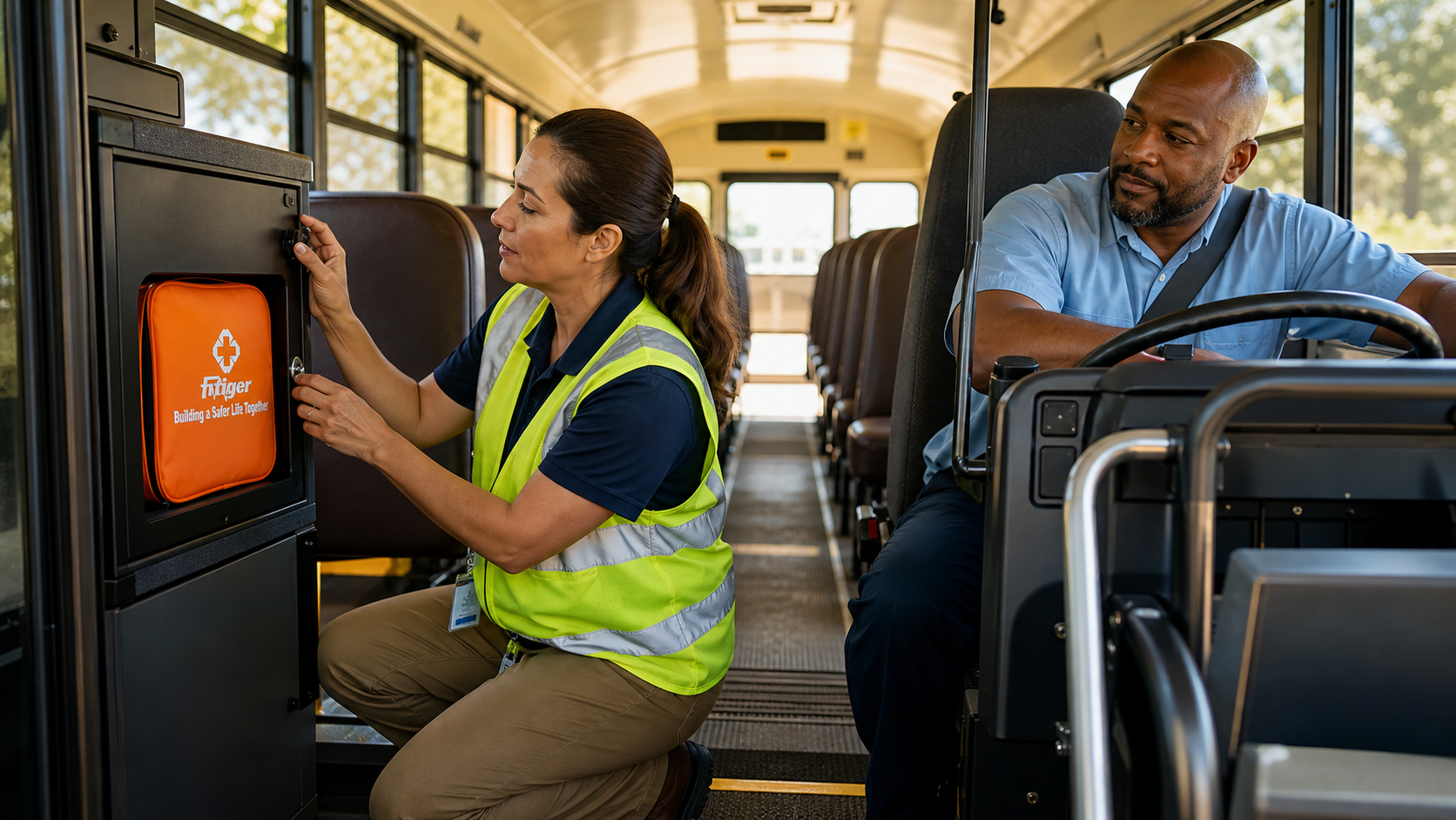 Real orange FITIGER emergency bag secured within reach on a school bus without blocking the aisle or exits