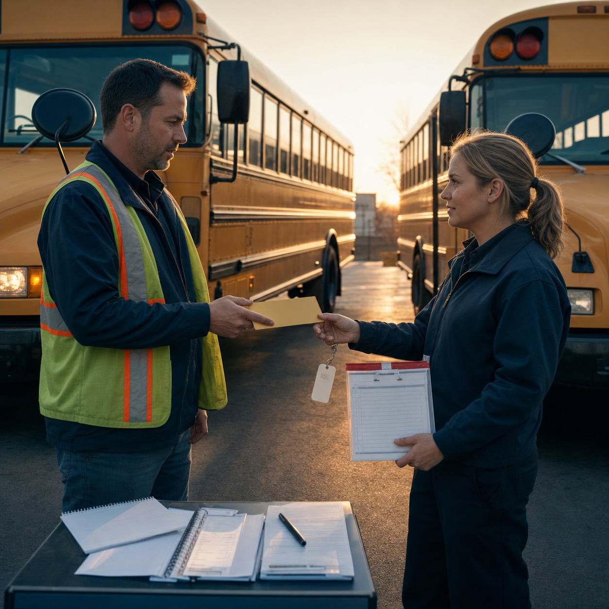 School transportation staff documenting emergency-kit custody during a substitute-bus transfer