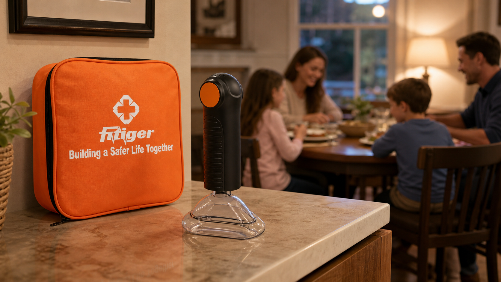Cinematic 3D home dining scene with the real Fitiger EasyPumpVac and orange Fitiger bag positioned for visible access